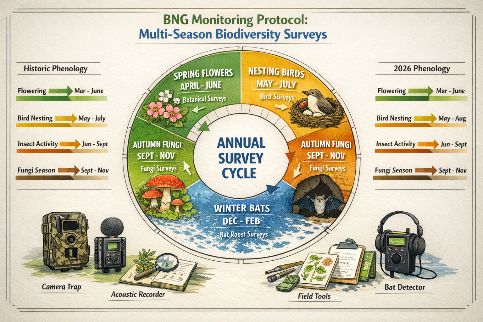 Detailed () visualization showing multi-season BNG monitoring protocol workflow as detailed infographic. Center features
