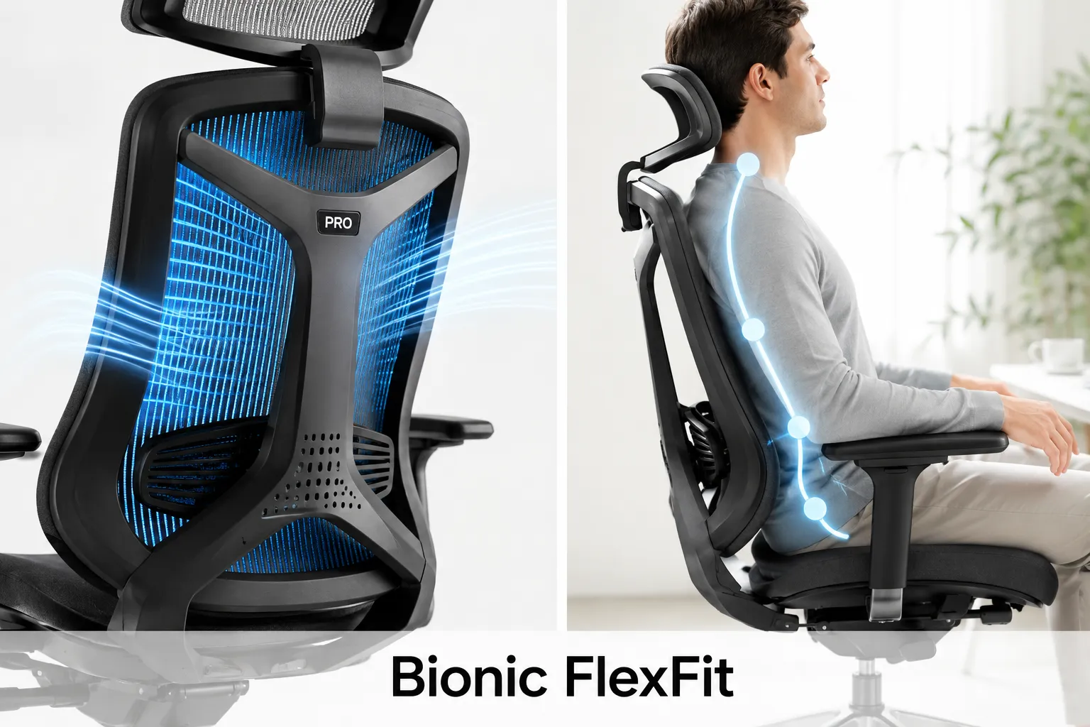 Bright editorial split-screen landscape (1536x1024): left side shows a close-up of the PRO Airflow chair's Bionic FlexFit mesh backrest with visible airflow ventilation channels highlighted in cool blue light, right side shows a person with good upright posture seated comfortably, spine alignment illustrated with a subtle glowing line overlay. Clean white studio background, short label 'Bionic FlexFit' in 4-word bold sans-serif at bottom center with 8% safe margins. Modern ergonomic product photography, bright daylight palette, Pinterest-worthy.