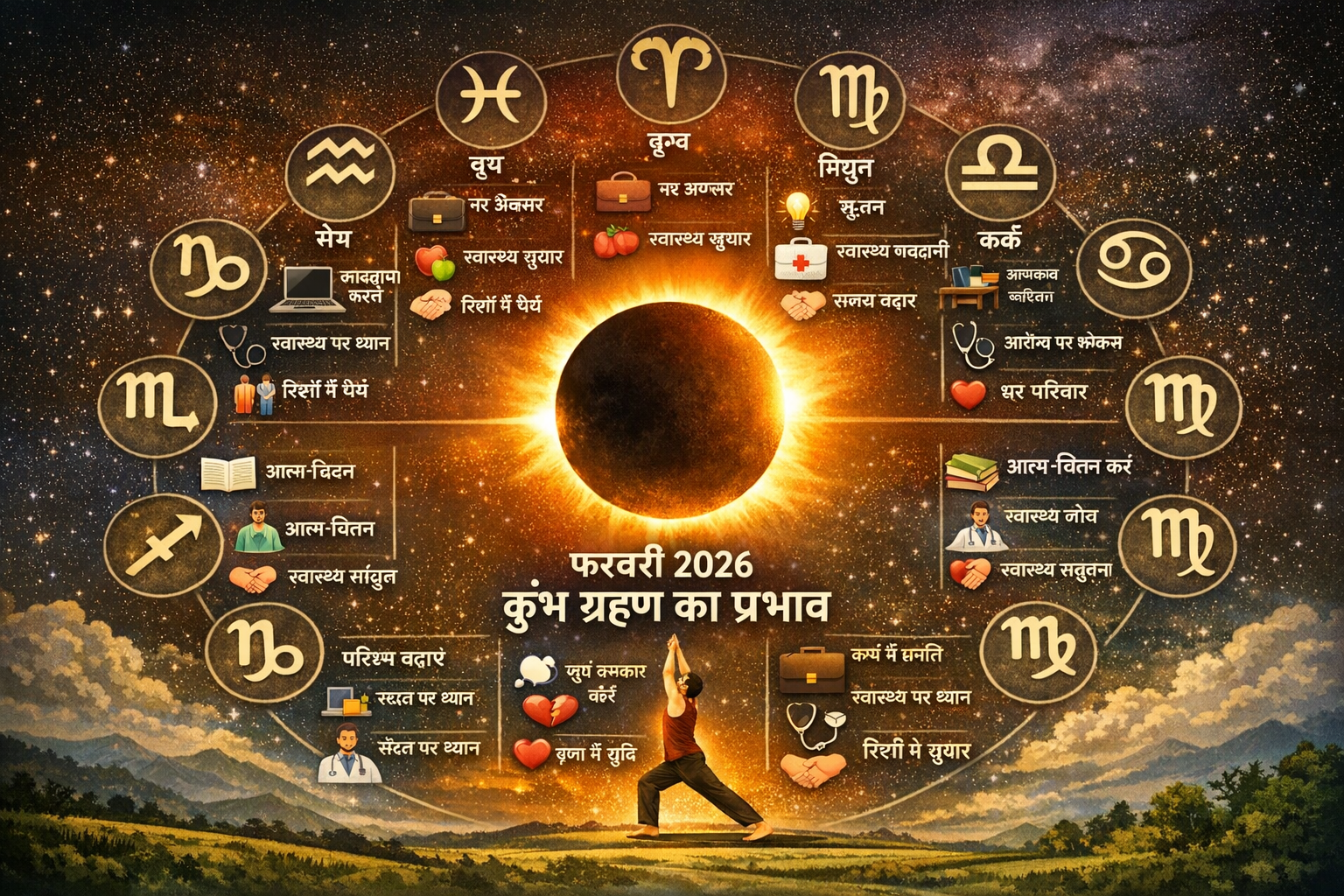 सभी राशियों पर फरवरी 2026 कुंभ ग्रहण के विशिष्ट प्रभावों को दर्शाने वाली एक आकर्षक लैंडस्केप प्रारूप (1536x1024) छवि. यह एक सूचनात्मक ग्राफि