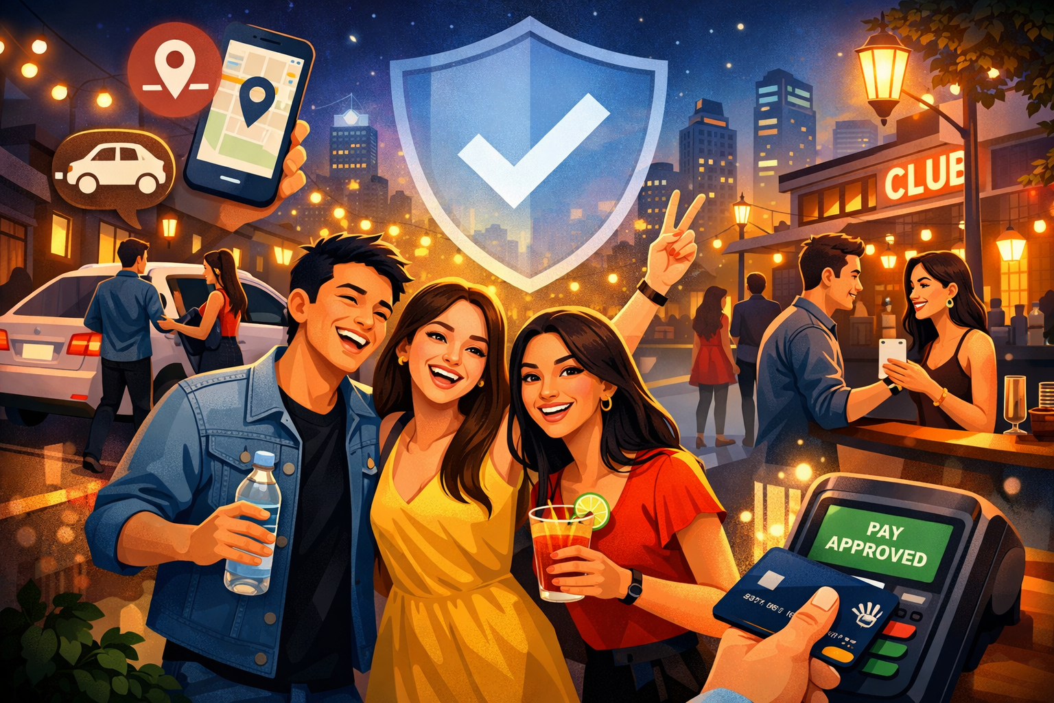 Landscape format (1536x1024) conceptual illustration representing safe and responsible nightlife in Gurgaon. The image features a stylized g