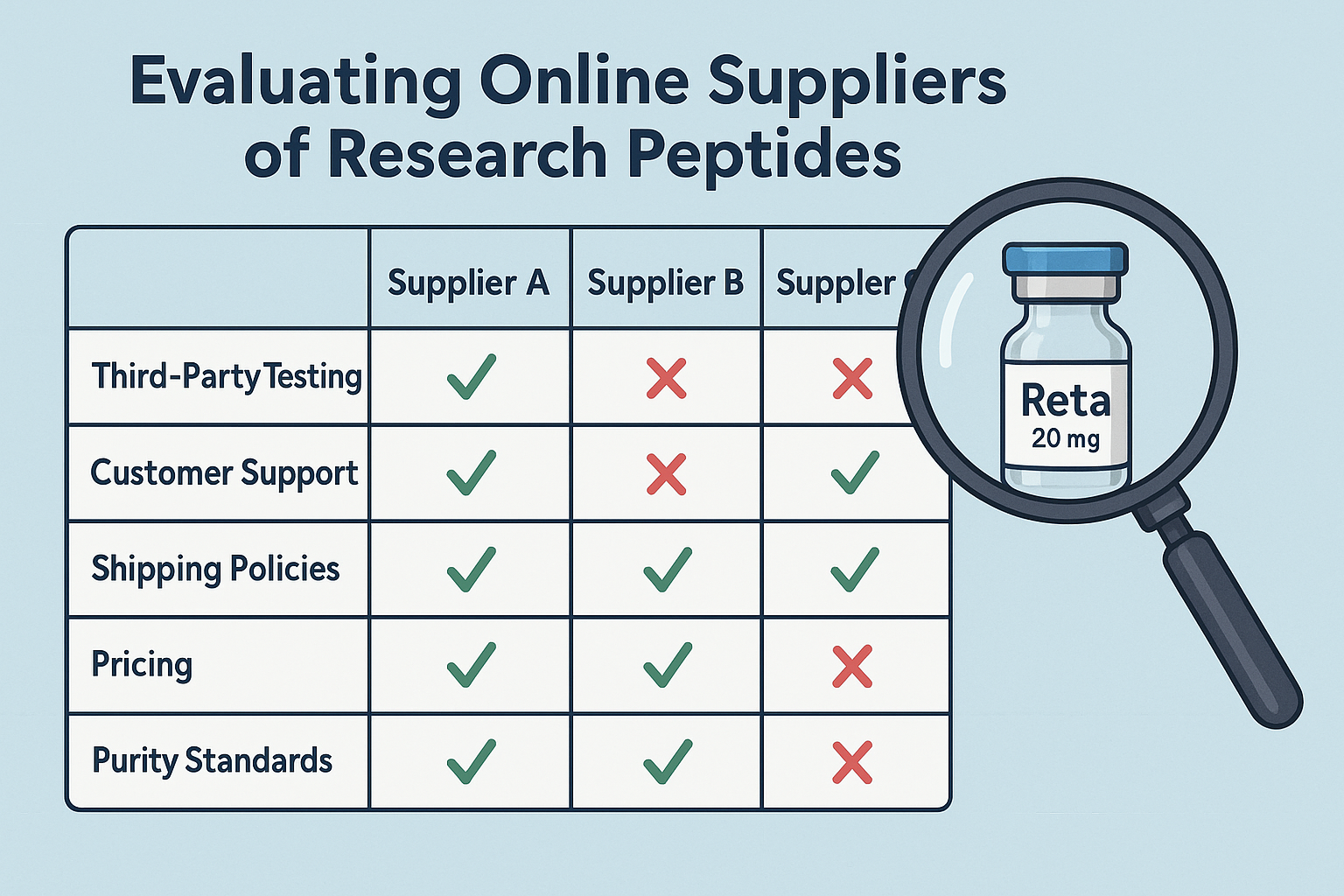 A comparative chart outlining the key factors for evaluating online suppliers of research peptides like Glp3, glp3-r, glp-3r, Reta 20mg, pre