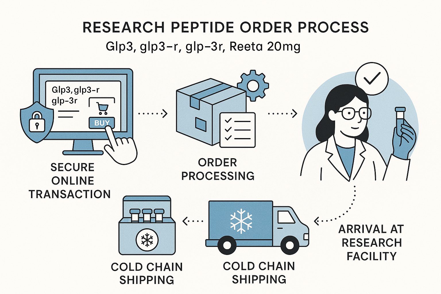 A conceptual diagram illustrating the journey of a research peptide order for Glp3, glp3-r, glp-3r, Reta 20mg from an online purchase to lab