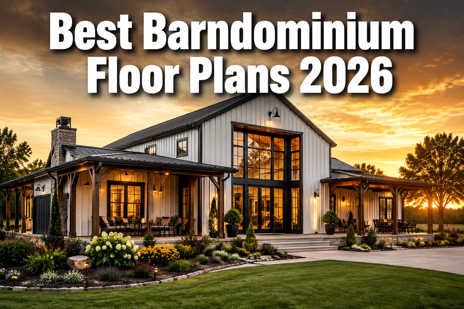 Professional () hero image with : 'Best Barndominium Floor Plans 2026' in extra large white with dark drop , centered in