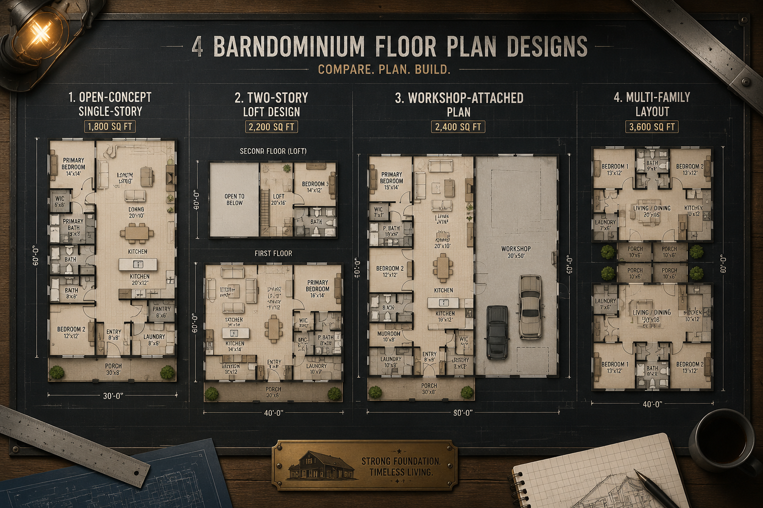 Detailed () architectural illustration showing a side-by-side comparison of four barndominium floor plan layouts —