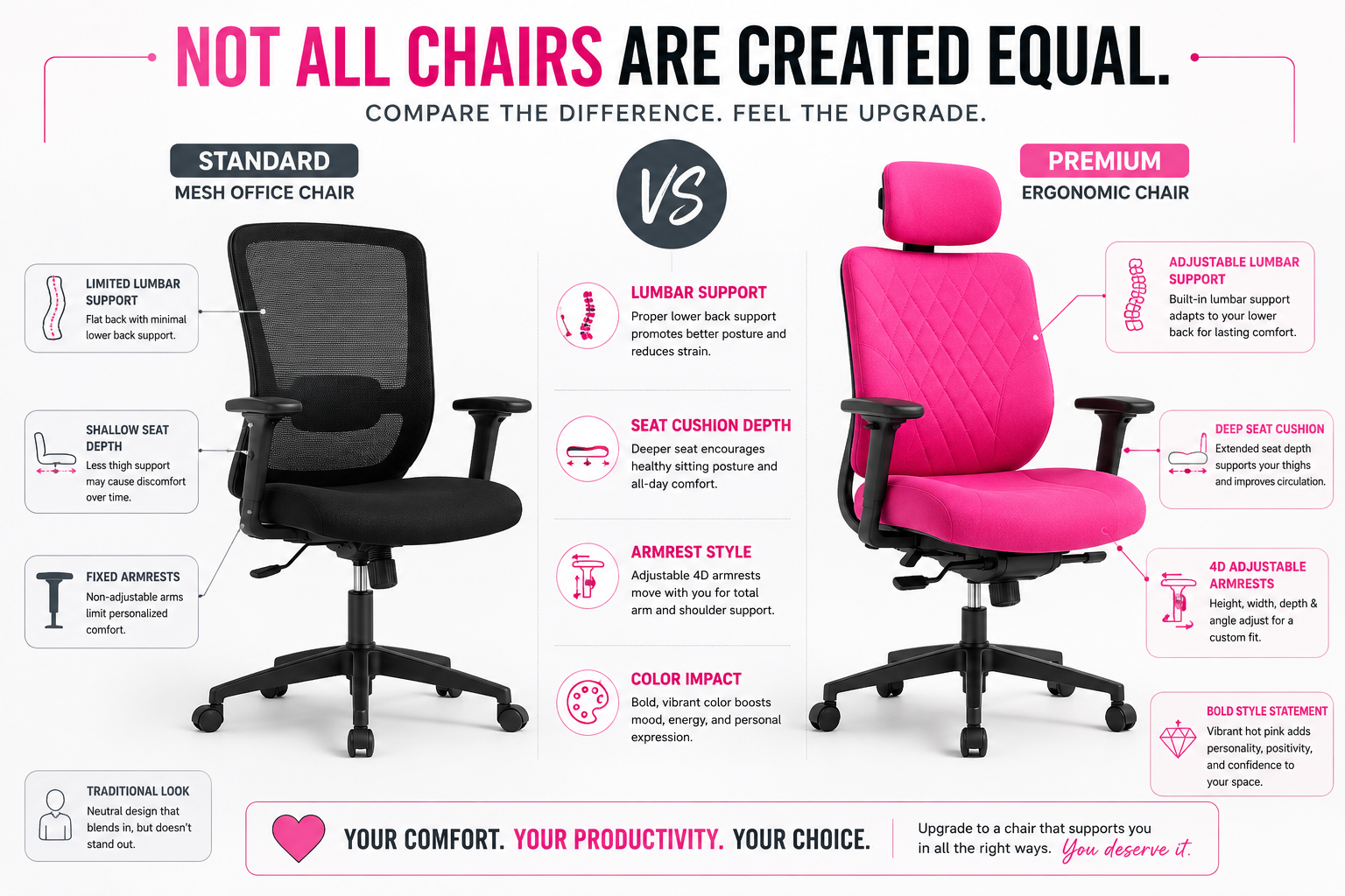 Hot Pink Office Chair Detailed landscape format (1536x1024) showing a side-by-side comparison of a standard black mesh office chair versus a vibrant hot pink upholstered ergonomic chair, both on a clean white studio background. Labels and callout arrows highlight key differences: lumbar support, seat cushion depth, armrest style, and color impact. Clean infographic style with pink and charcoal typography, subtle grid lines, professional product photography lighting, editorial quality.
