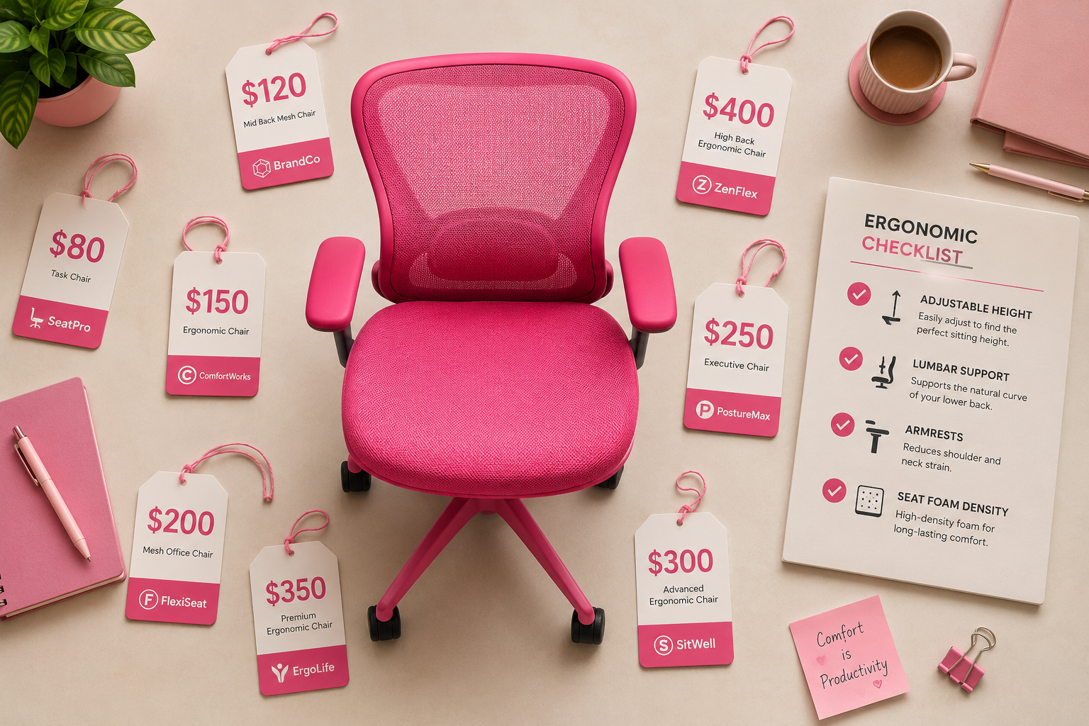 Hot Pink Office Chair Detailed landscape format (1536x1024) showing a flat-lay overhead shot of a hot pink office chair surrounded by price tags ranging from $80 to $400, brand logo placeholders, and a simple checklist card listing ergonomic features: adjustable height, lumbar support, armrests, seat foam density. Warm neutral background with pink accents, modern sans-serif typography annotations, soft studio lighting, product review aesthetic, editorial quality.