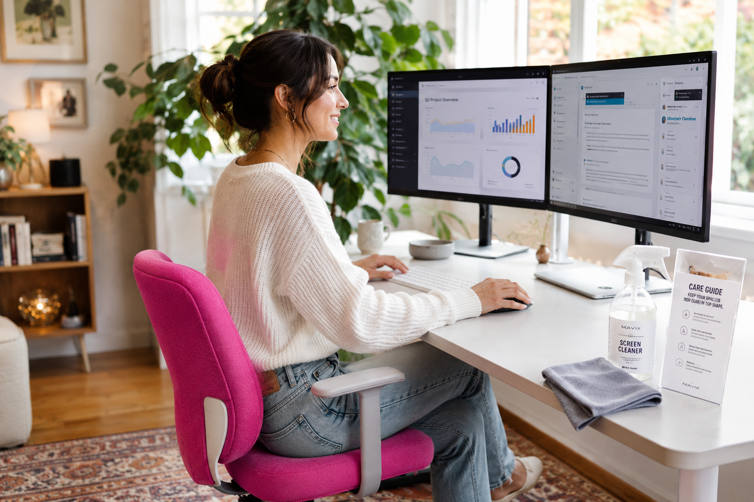 Hot Pink Fabric Office Chair Detailed landscape format (1536x1024) showing a person in a bright modern home office seated comfortably in a hot pink fabric office chair at a standing-height white desk, working on dual monitors. Scene includes a spray bottle, microfiber cloth, and cleaning guide card on the desk corner suggesting maintenance. Warm natural light, lush green plant in background, cozy productive atmosphere, lifestyle photography style, editorial quality.