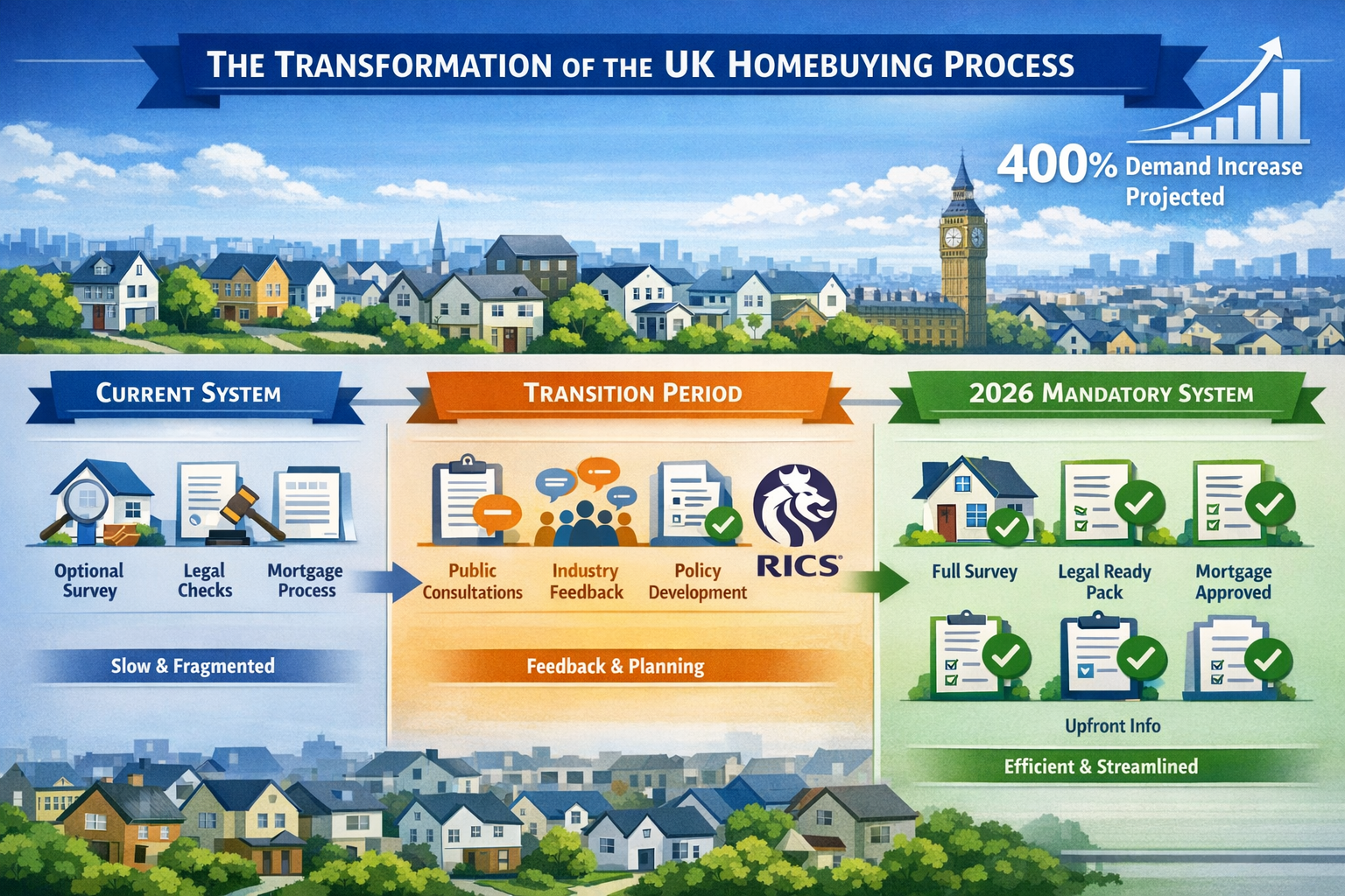Detailed () infographic showing timeline of UK homebuying process transformation from 2024 to 2026, featuring horizontal