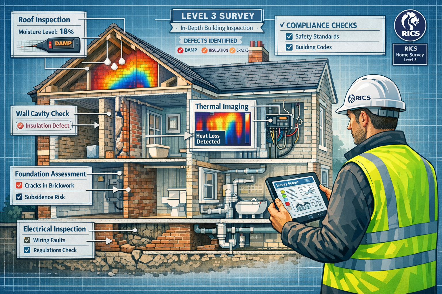 () detailed illustration of professional surveyor conducting comprehensive building inspection inside UK period property,
