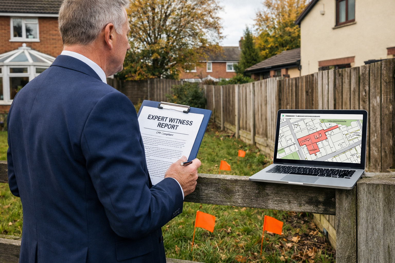 Wide-angle ground-level photograph of a professional RICS-accredited expert witness surveyor in formal attire standing at a
