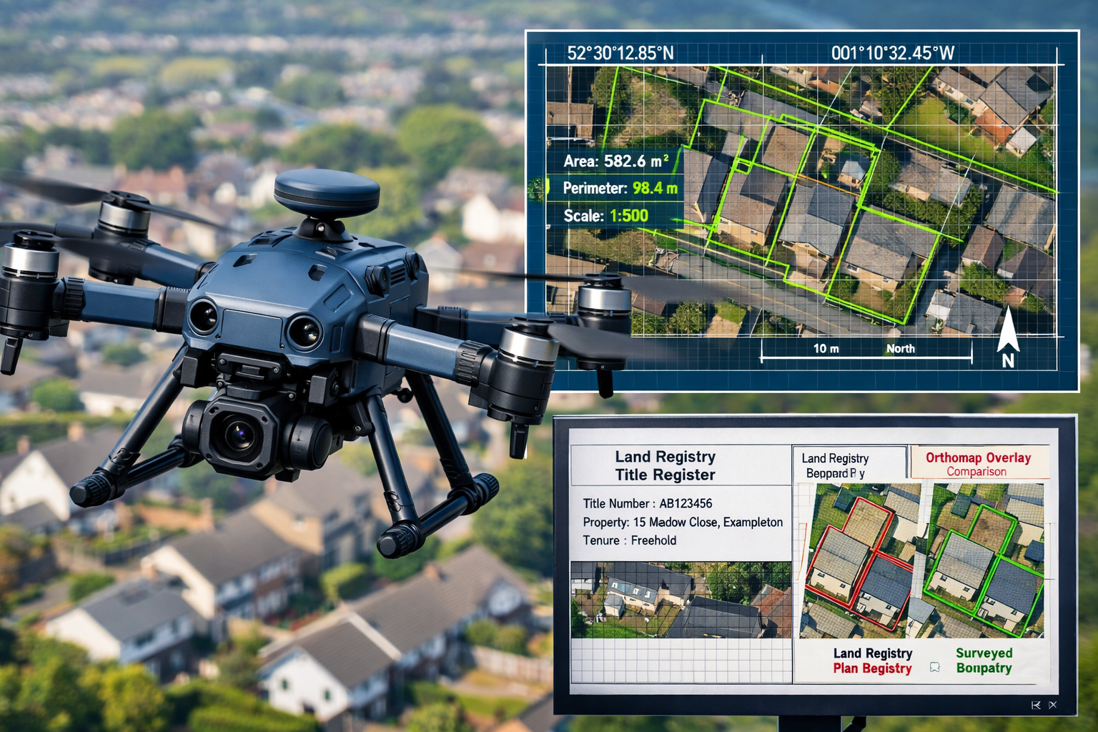 Close-up technical composite image showing a professional consumer-grade survey drone mid-flight above a UK residential