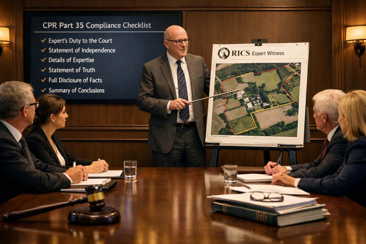Courtroom-adjacent professional setting showing a formal conference table with two opposing legal teams, an RICS expert