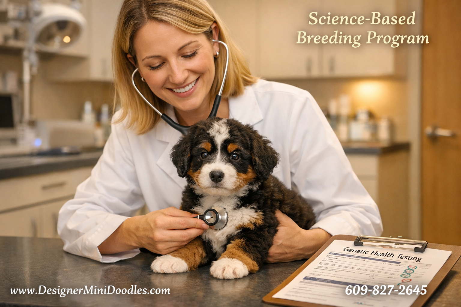 () professional photograph of a veterinary-style setting showing a miniature bernedoodle puppy being gently examined, with a