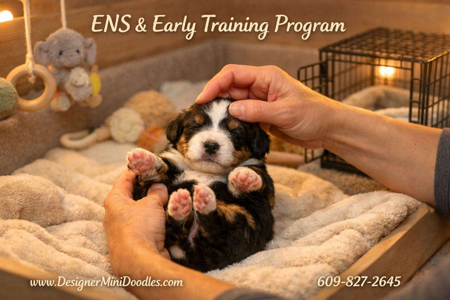 () warm photograph of a miniature bernedoodle puppy in a cozy whelping box with soft blankets, being gently handled by