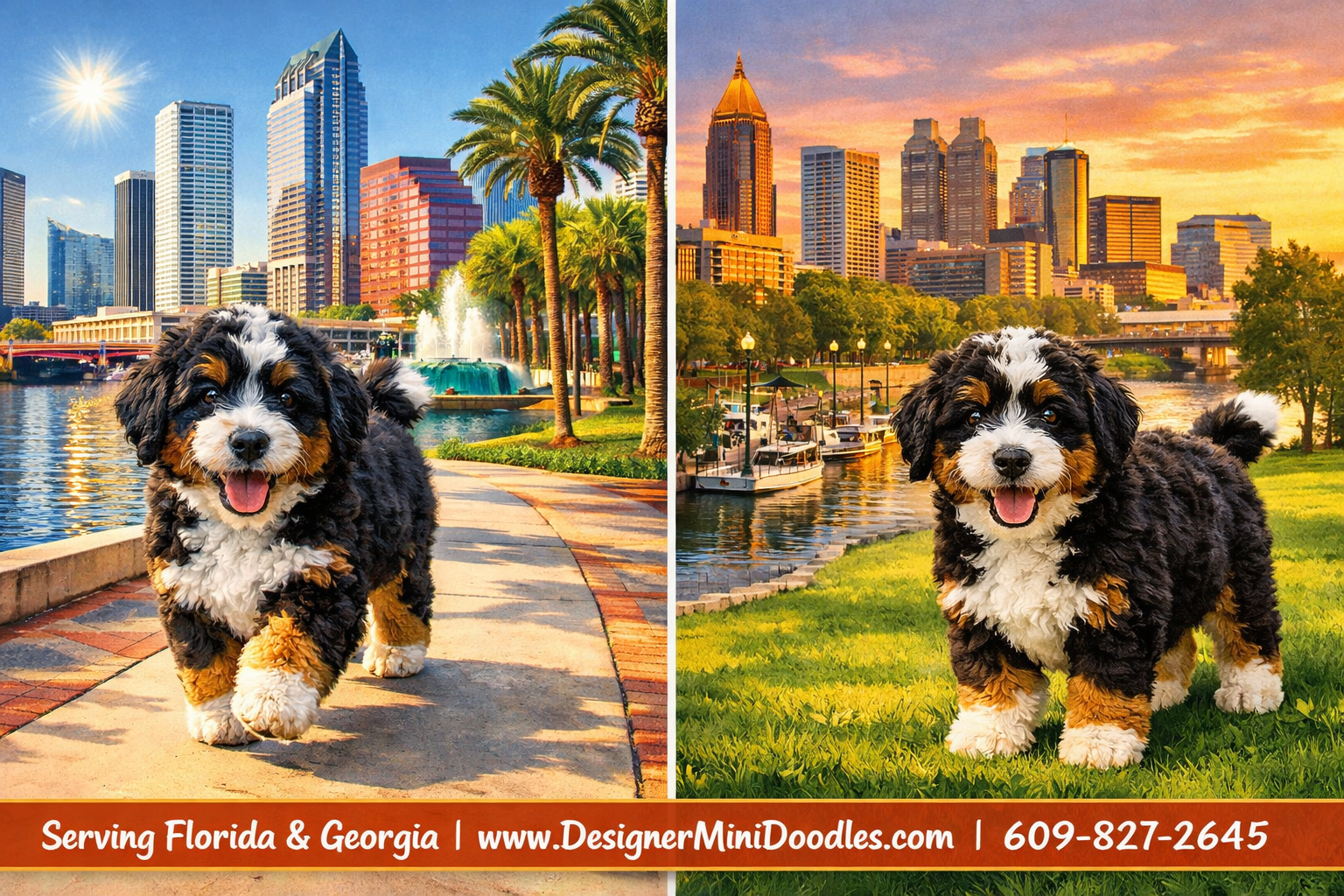 () split-image collage showing iconic Florida and Georgia landmarks: left side features Tampa Bay skyline and Orlando palm