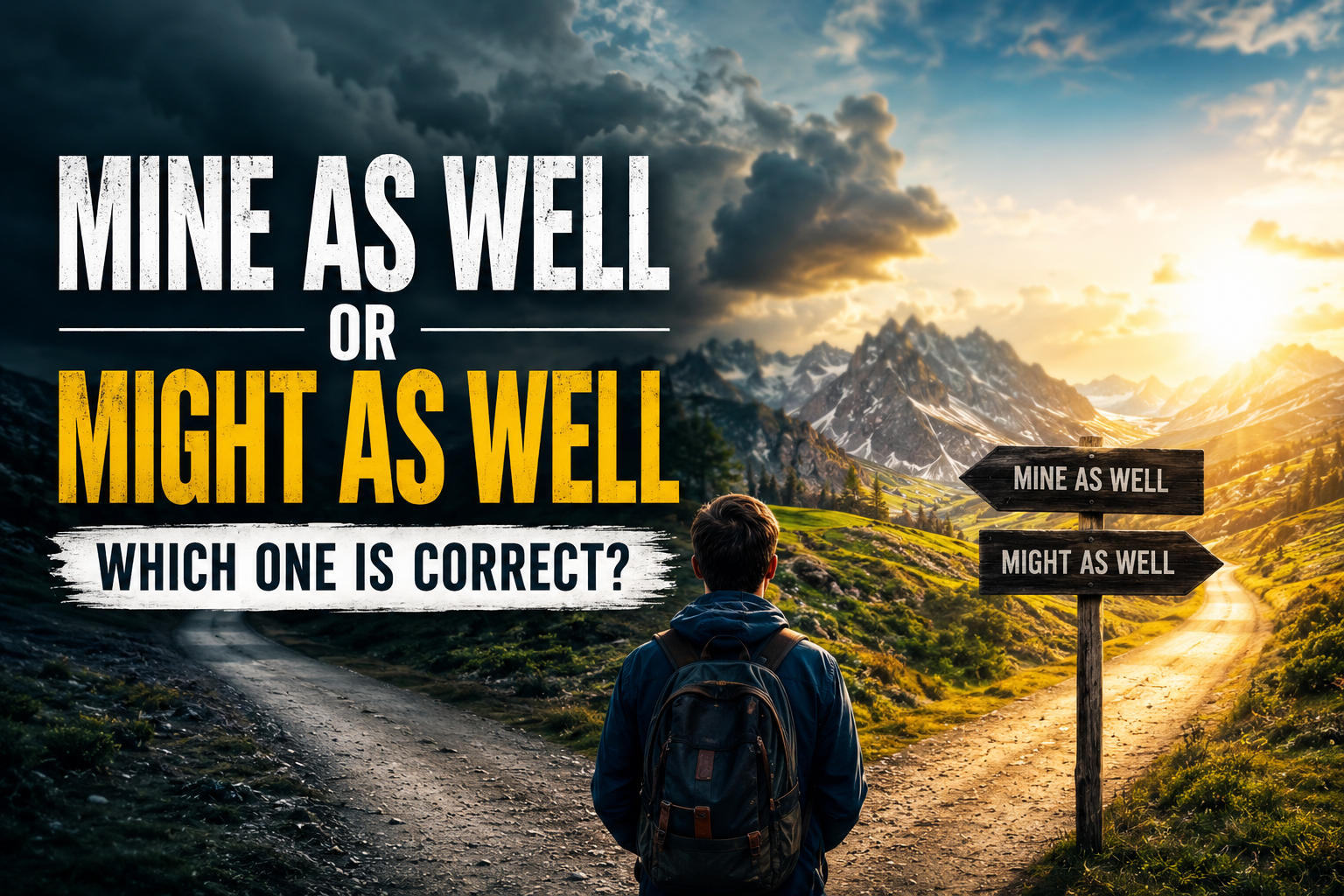 Professional landscape hero image () with : "Mine As Well Or Might As Well: Which One Is Correct?". Modern design, , ,