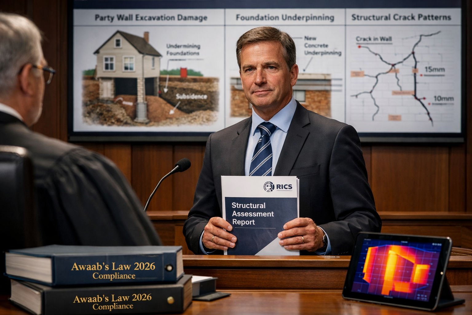 Detailed () image showing close-up of expert witness testimony scene in modern tribunal room. Central focus on chartered