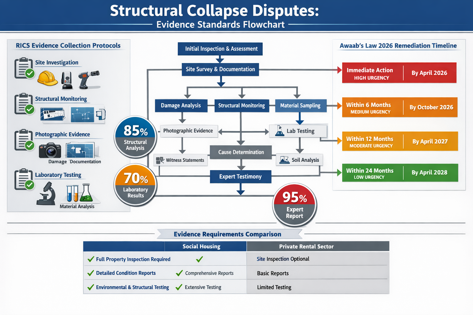 Detailed () technical infographic showing comprehensive evidence standards flowchart for structural collapse disputes.