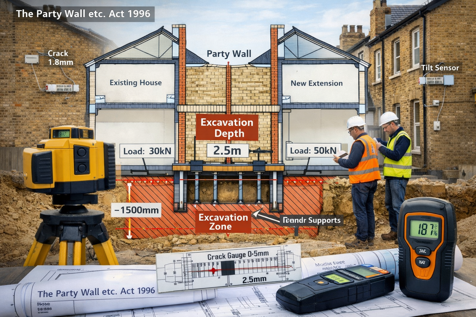 Detailed () image depicting party wall dispute resolution scene with architectural focus. Central composition shows detailed