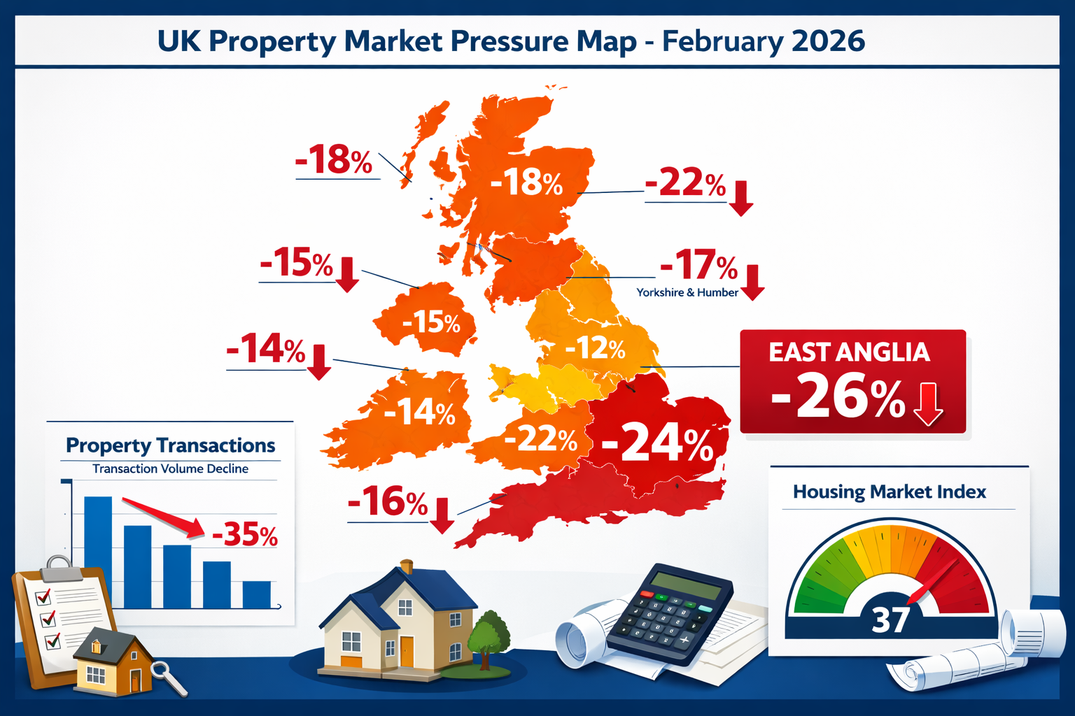 () detailed infographic showing UK regional property market pressure map for February 2026, with South East region