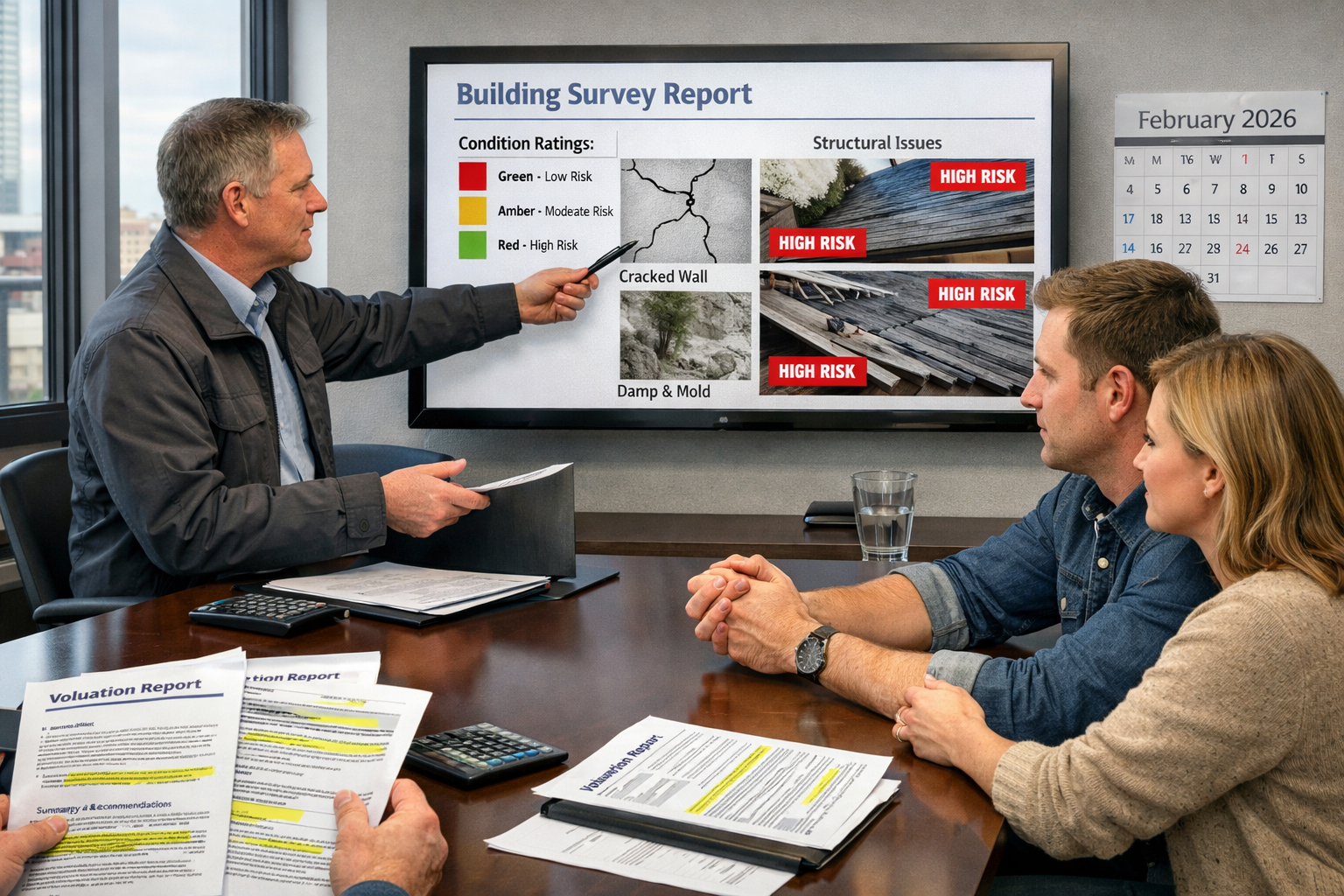 () modern office setting showing surveyor presenting upfront condition assessment report to anxious homebuyers across