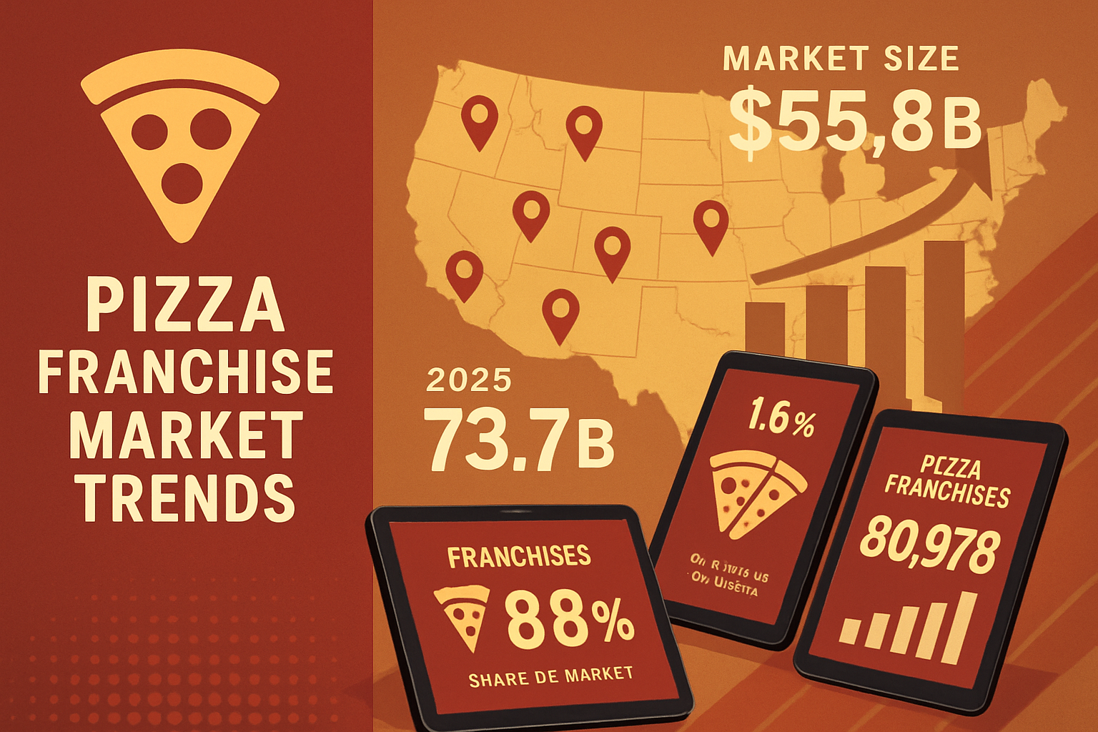 Detailed landscape image (1536x1024) showing pizza franchise market trends visualization with upward growth charts, franchise location pins 