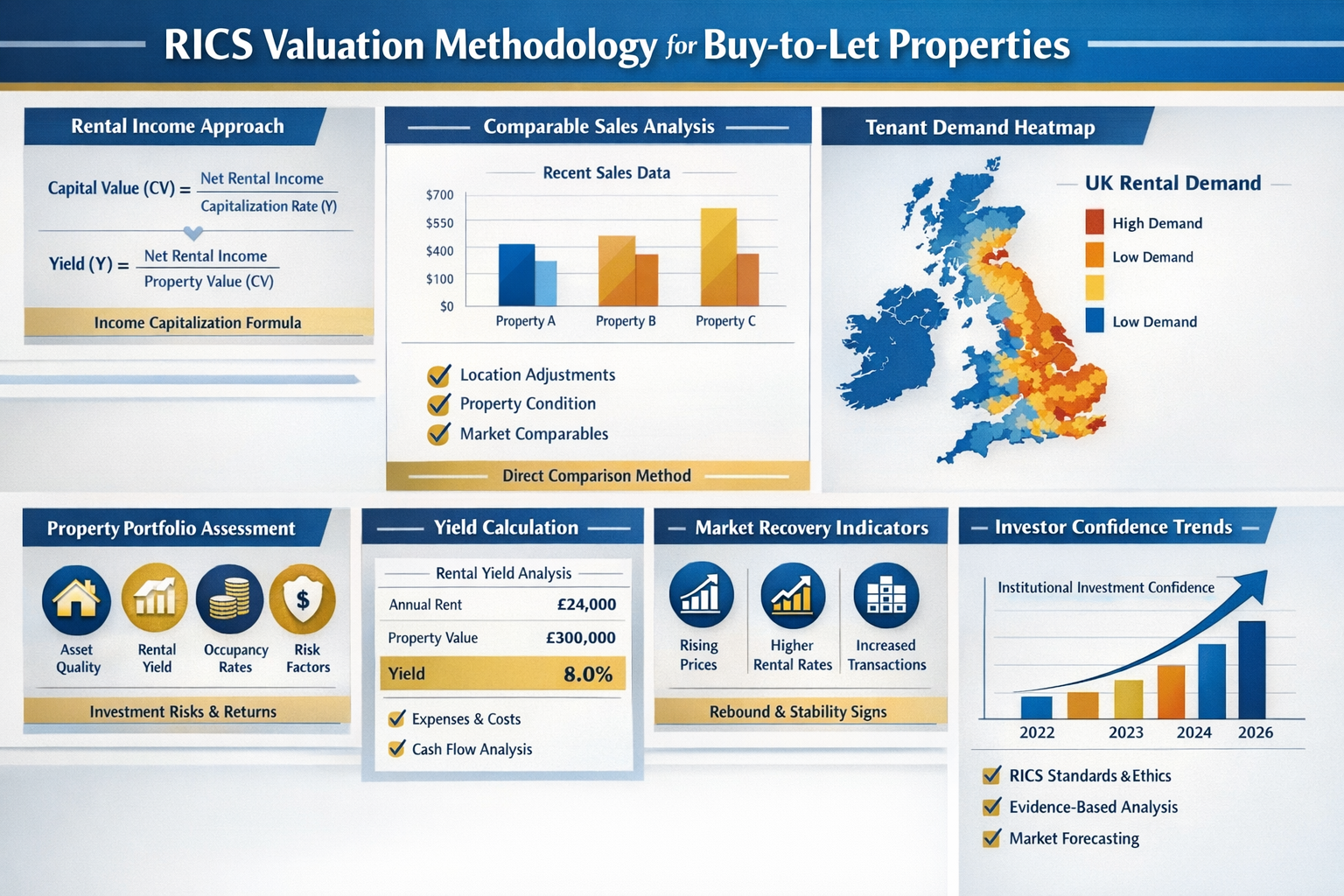 Landscape format (1536x1024) comprehensive infographic displaying RICS valuation methodology framework for buy-to-let properties, split-scre