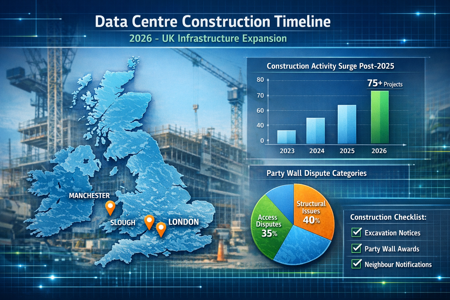 Detailed landscape format (1536x1024) infographic-style image displaying data centre construction timeline for 2026 UK infrastructure expans