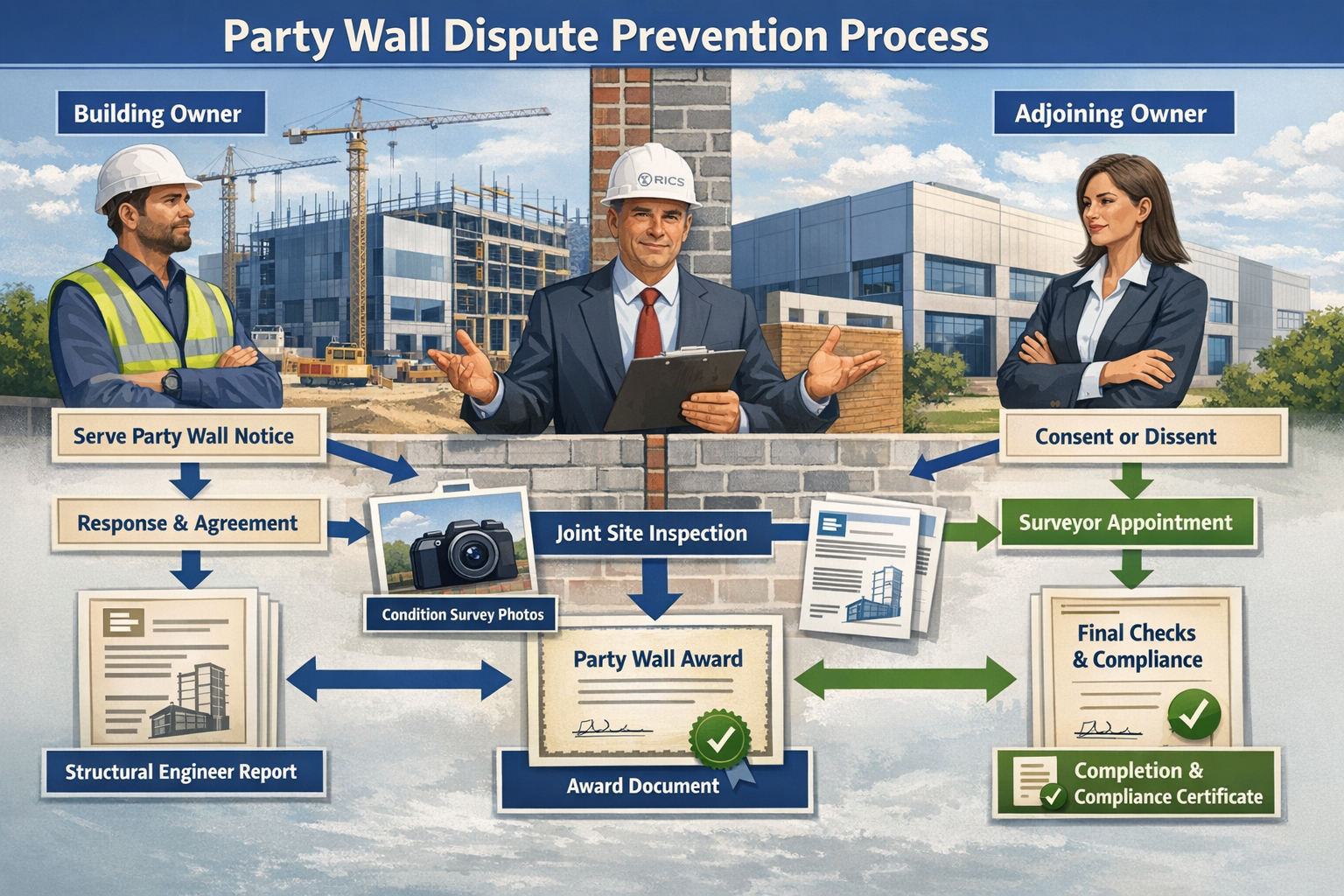 Detailed landscape format (1536x1024) image showing RICS-aligned party wall dispute prevention workflow diagram. Central visual features pro