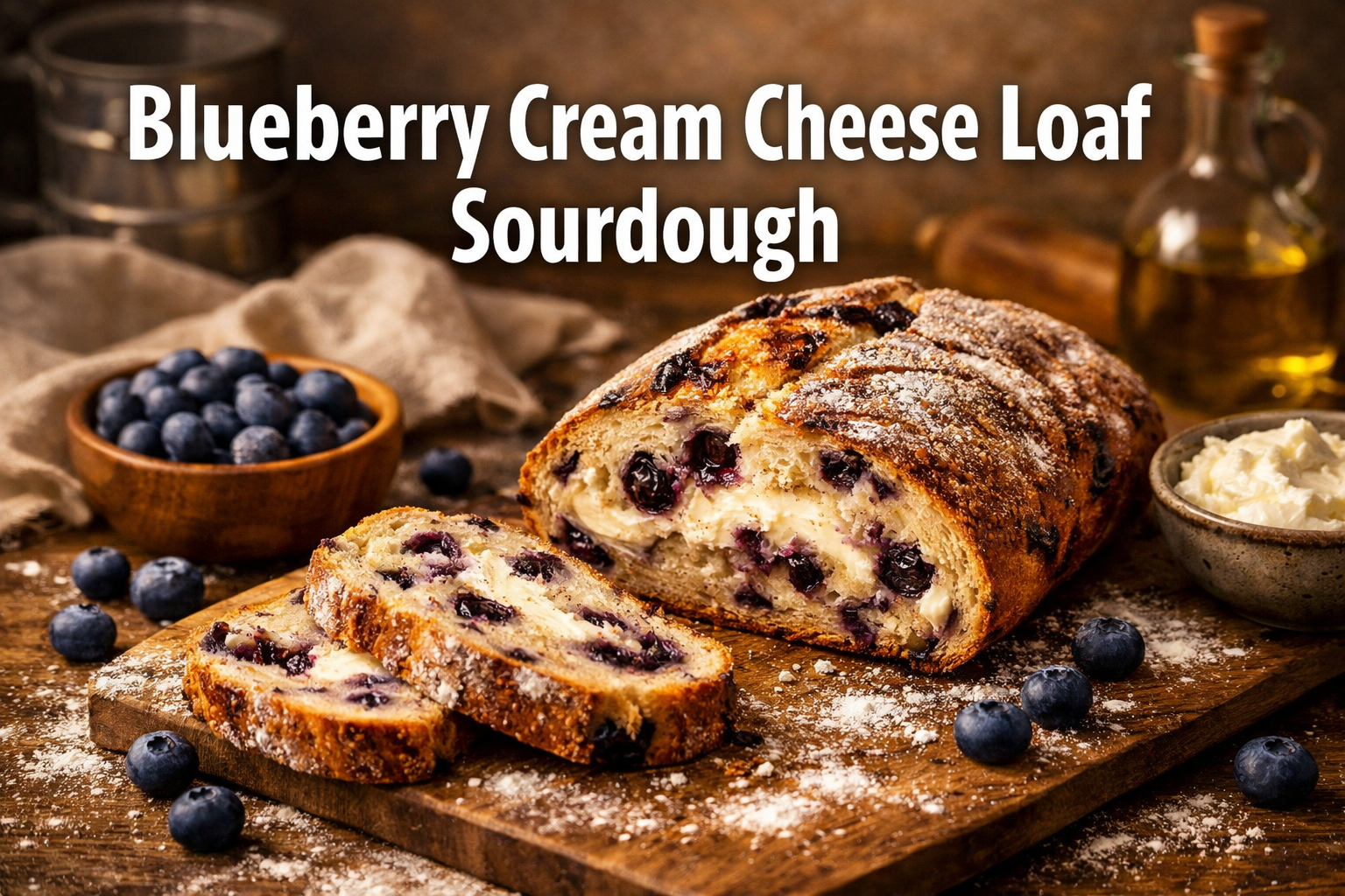 Professional landscape hero image (1536x1024) featuring bold text overlay 'Blueberry Cream Cheese Loaf Sourdough' in extra large 72pt white 
