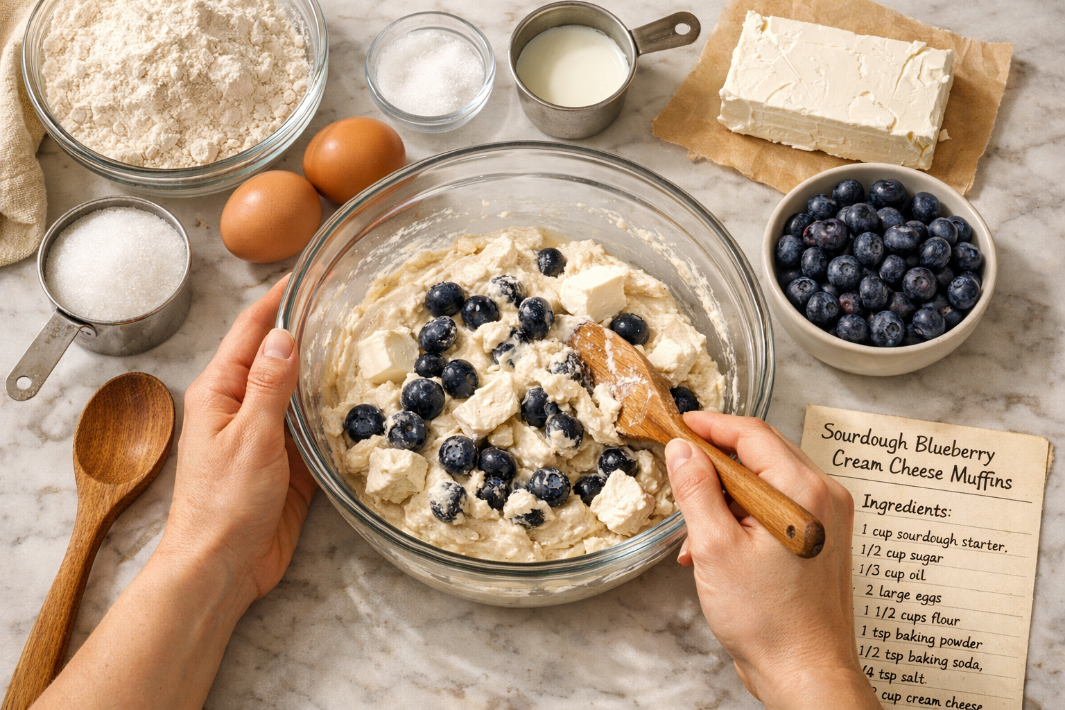 Detailed step-by-step baking process image showing hands mixing sourdough starter with fresh blueberries and cream cheese in glass mixing bo