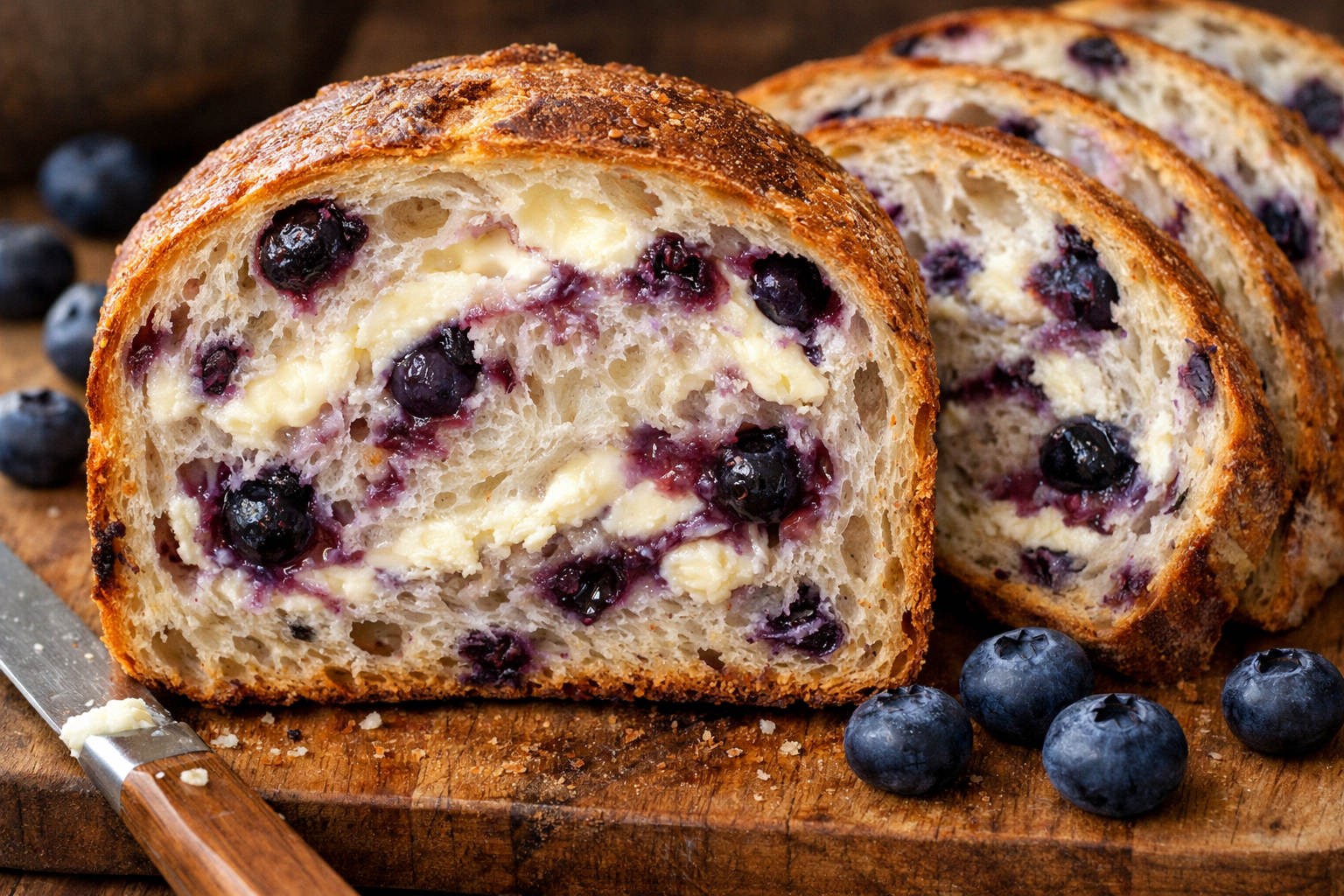Cross-section view of perfectly sliced blueberry cream cheese sourdough loaf showing moist crumb texture with visible blueberries and cream 