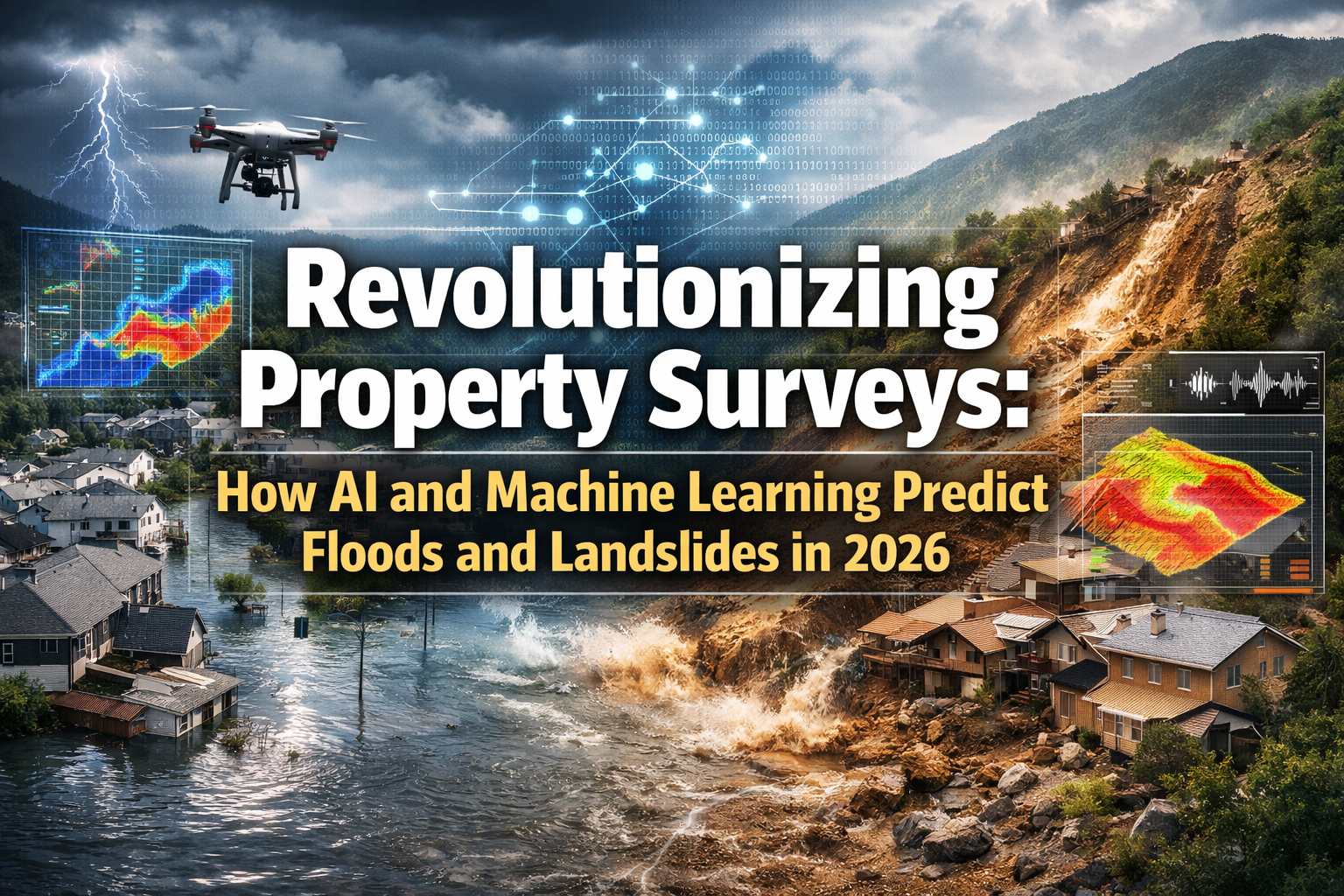Professional landscape hero image (1536x1024) with bold text overlay: "Revolutionizing Property Surveys: How AI and Machine Learning Predict