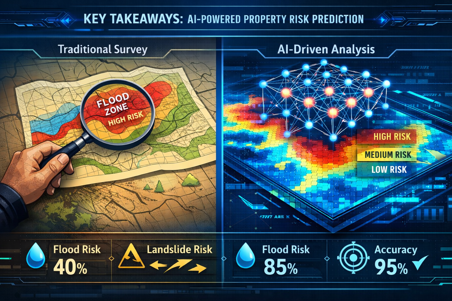 Key Takeaways section infographic: Futuristic digital dashboard visualizing AI-powered property risk prediction, split-screen comparison of