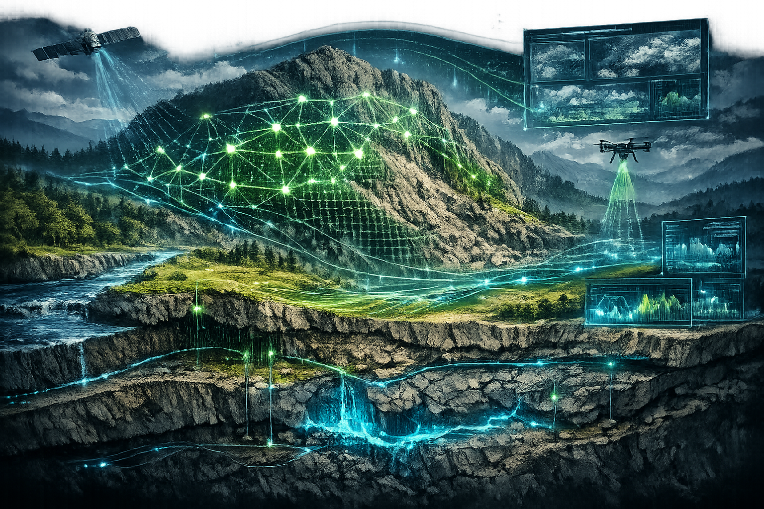 Understanding the AI Revolution in Property Risk Assessment visual: Cinematic cross-sectional landscape illustration demonstrating machine l