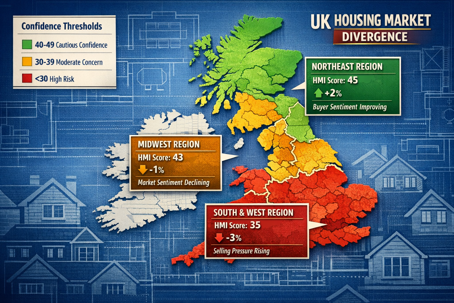Detailed () image showing interactive regional divergence map of UK housing markets with distinct color-coded zones: