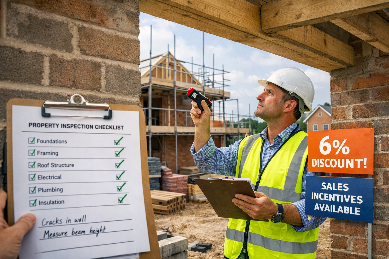 Wide-angle () photograph of professional building surveyor conducting on-site inspection at residential property