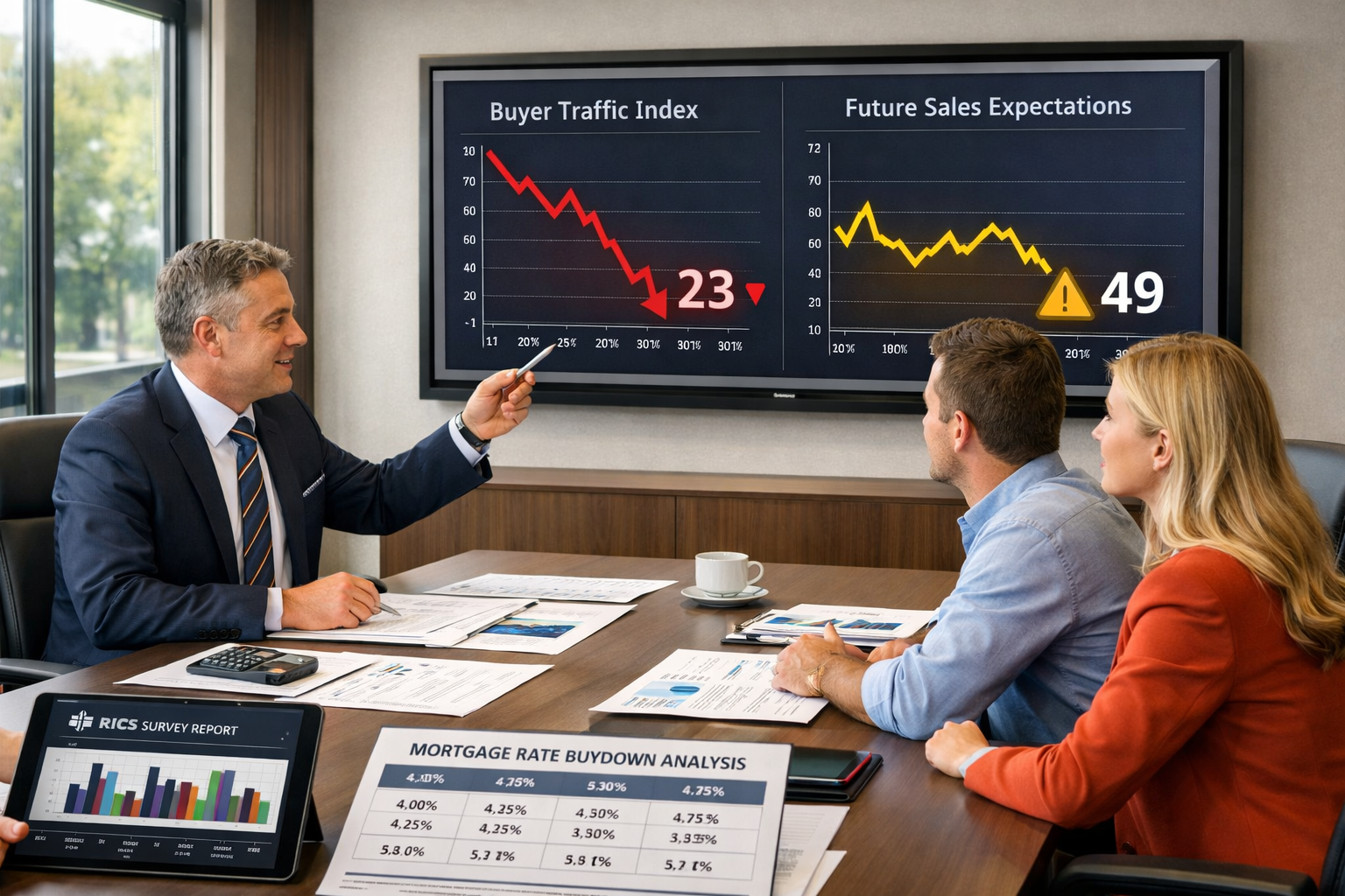 Sophisticated () business meeting scene showing property valuation consultation between chartered surveyor and clients