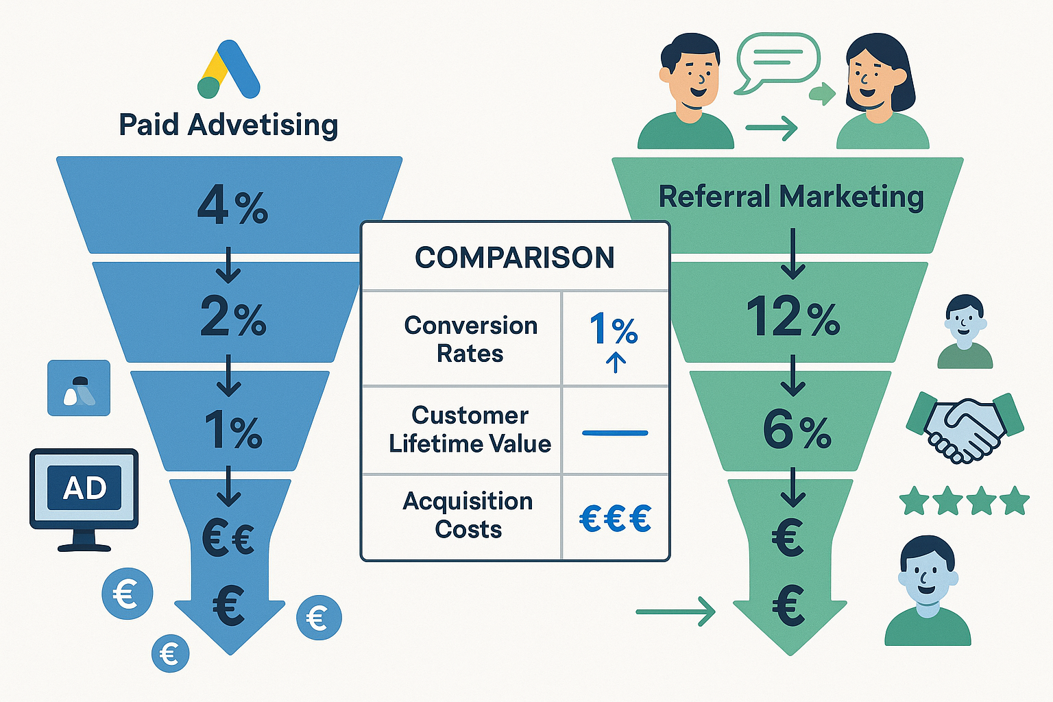 Detailed infographic illustration (1536x1024) showing customer acquisition funnel comparison between paid advertising and referral marketing