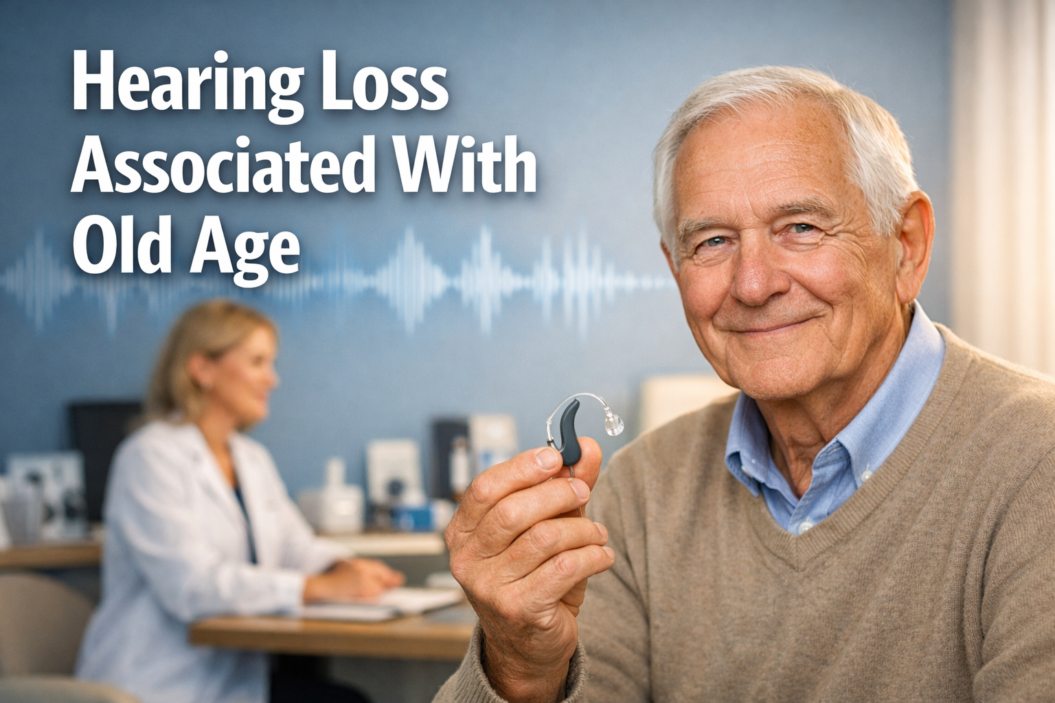 Professional landscape hero image (1536x1024) featuring bold text overlay 'Hearing Loss Associated With Old Age' in extra large 72pt white s