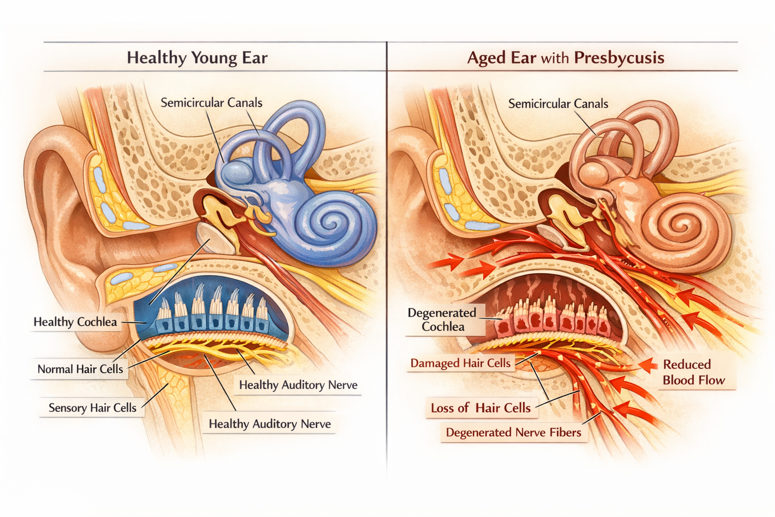 Detailed medical illustration showing cross-section of human inner ear anatomy with labeled presbycusis changes, including deteriorated hair
