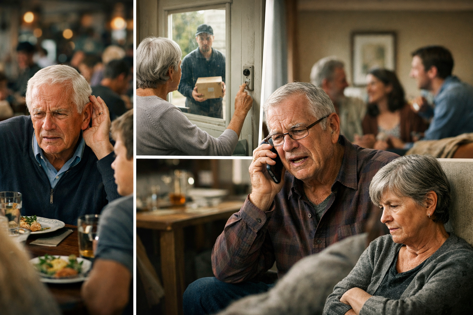 Lifestyle photography montage showing real-world impact of age-related hearing loss: senior struggling to hear in noisy restaurant with fami