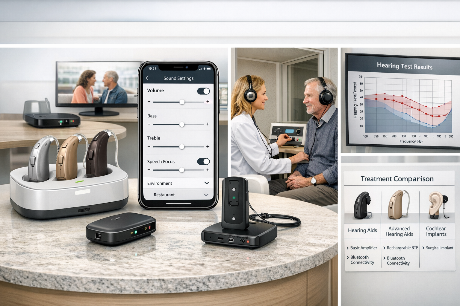 Modern hearing healthcare solutions showcase featuring latest 2026 hearing aid technology: sleek rechargeable behind-the-ear devices in vari