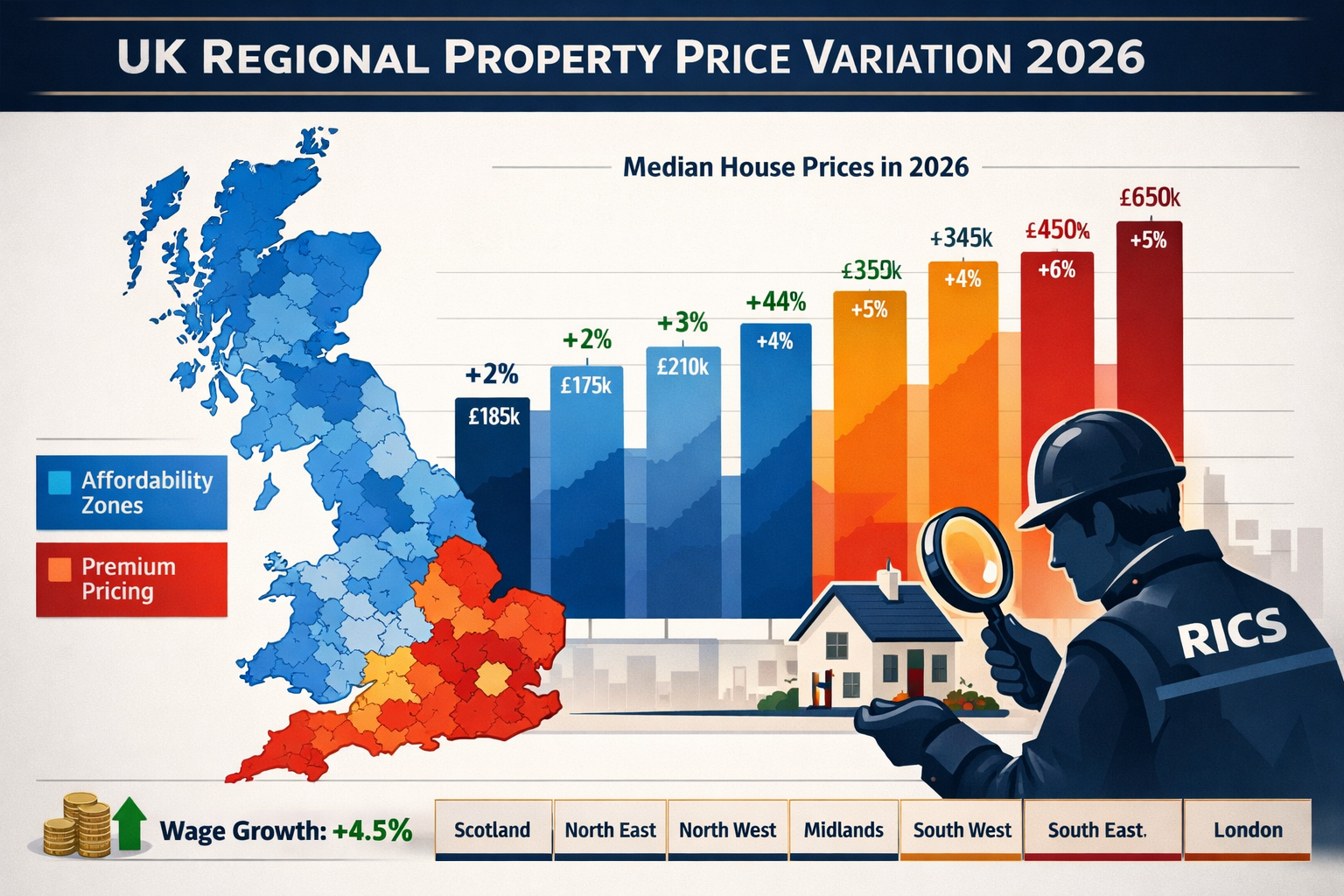 () detailed infographic showing UK regional property price variation map for 2026, with Scotland and Northern England