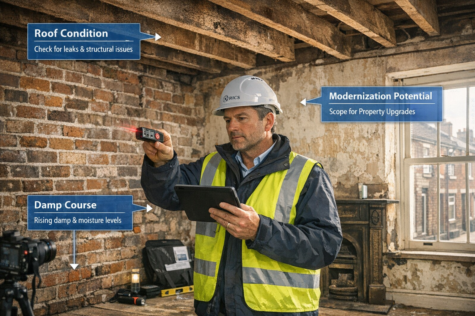 () interior scene showing RICS chartered surveyor conducting detailed property valuation inspection in Victorian-era