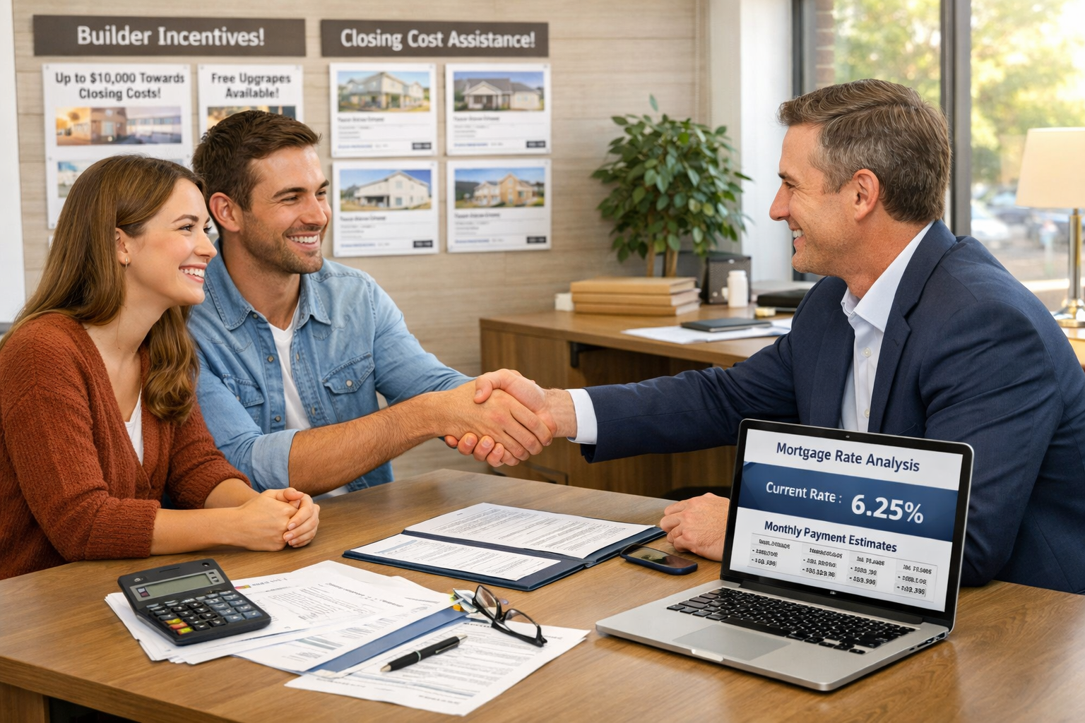 () modern negotiation scene showing first-time buyer couple seated across desk from estate agent in contemporary property