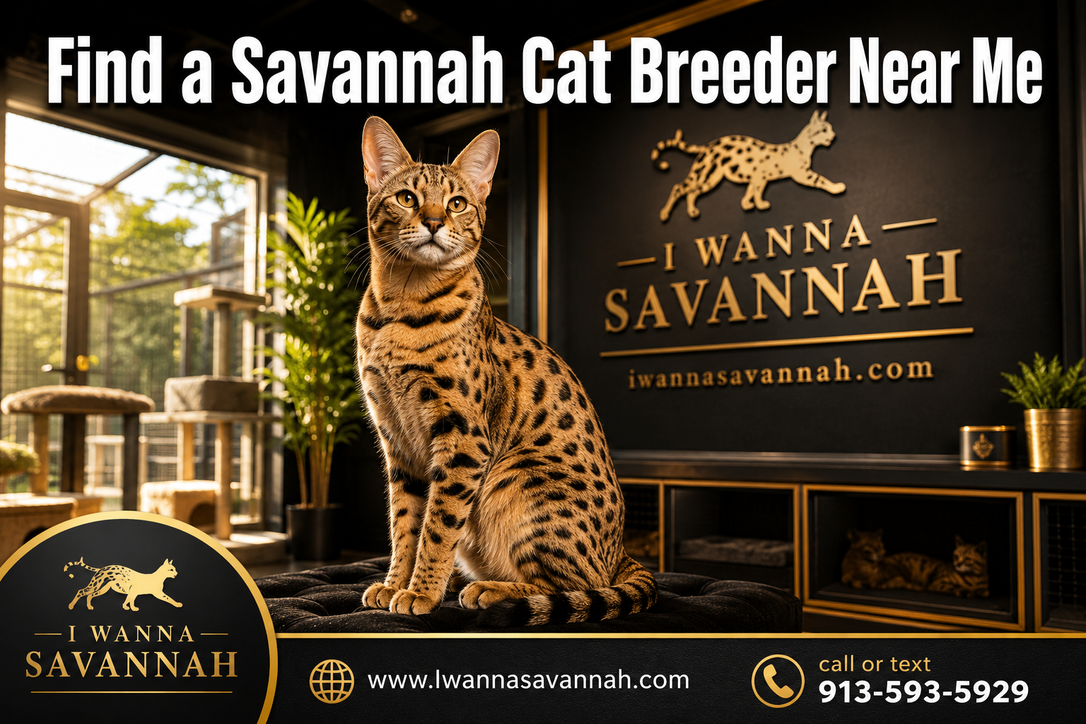 Professional () hero image with : 'Find a Savannah Cat Breeder Near Me' in extra large white with dark drop , centered upper