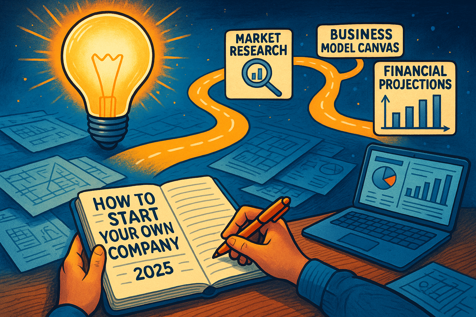 A vibrant and detailed illustration depicting the initial spark of an idea transforming into a structured business plan. Features a lightbul