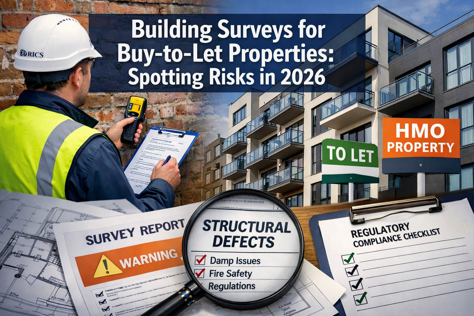 Professional () editorial hero image featuring 'Building Surveys for Buy-to-Let Properties: Spotting Risks in 2026' in extra