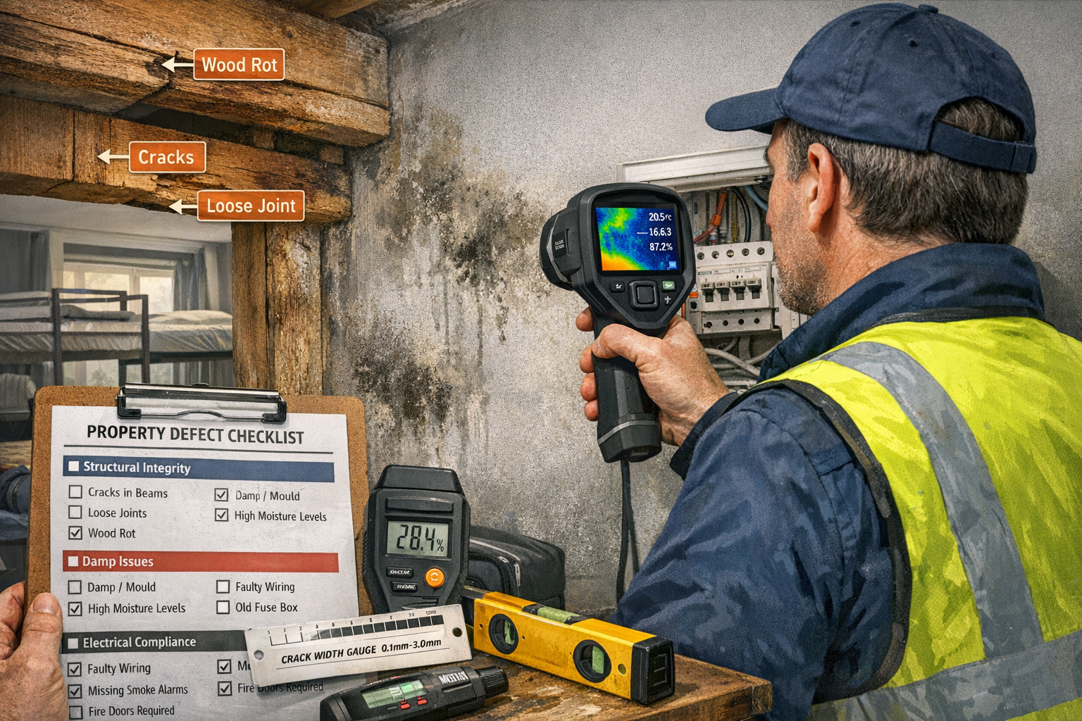 Detailed () image showing professional building surveyor conducting comprehensive property inspection inside buy-to-let